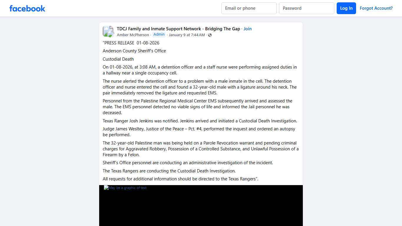 TDCJ Family and Inmate Support Network - Bridging The Gap “PRESS RELEASE 01-08-2026 Facebook